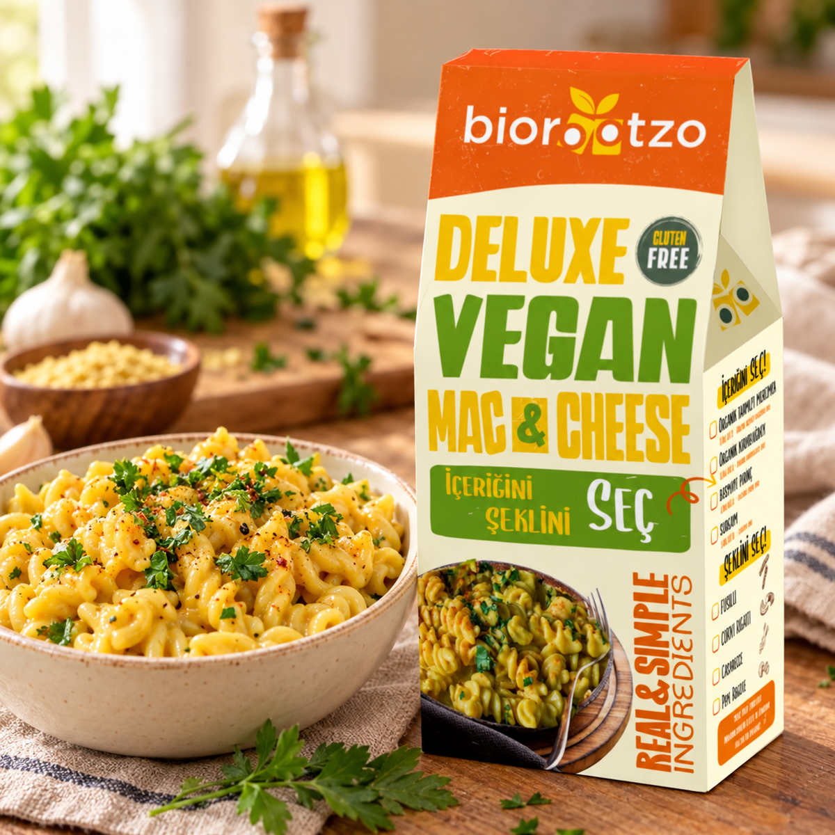 BIOROOTZO Deluxe Vegan Mac & Cheese Glutensiz 100 g – sunum önerisi