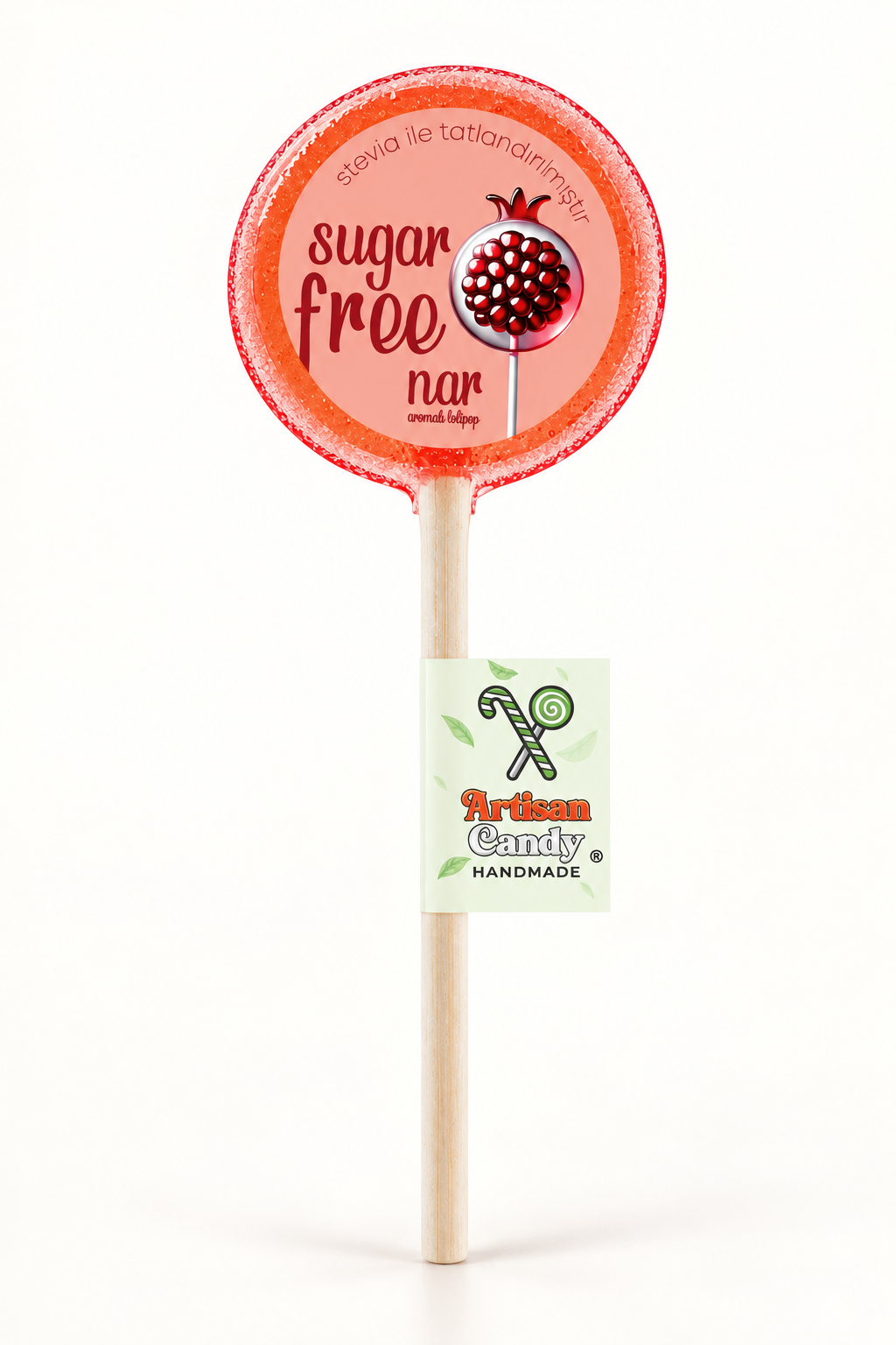 ARTISAN CANDY El Yapımı Meyve Aromalı Kristal Lolipop NAR 16 g (1 adet) – stüdyo çekimi