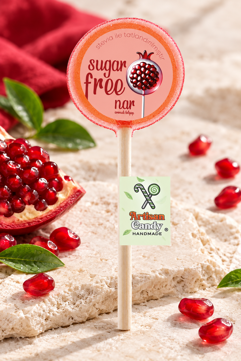 ARTISAN CANDY El Yapımı Meyve Aromalı Kristal Lolipop NAR 16 g (1 adet) – sunum önerisi