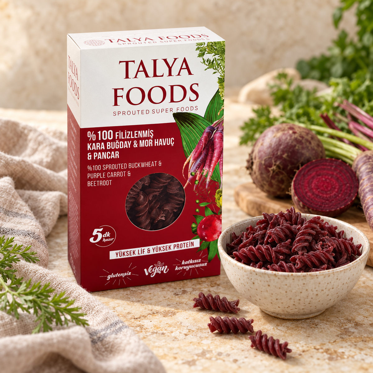 TALYA FOODS Karabuğday, Mor Havuç, Pancar Makarnası 200 g – sunum önerisi