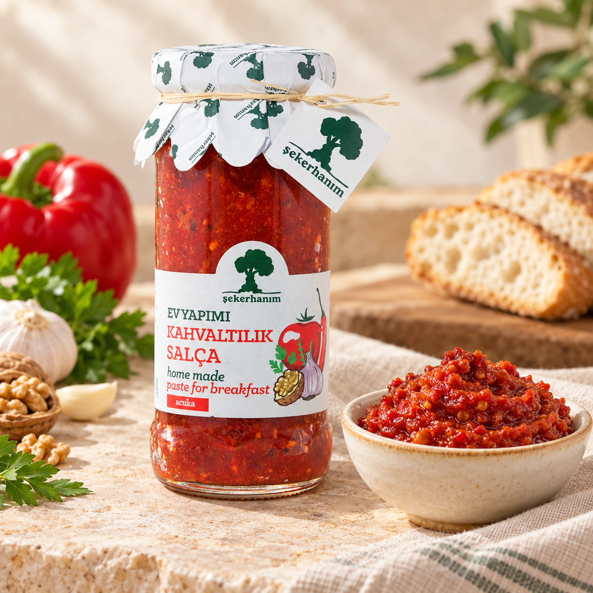 ŞEKERHANIM Kahvaltılık Salça Acuka 250 g – sunum önerisi