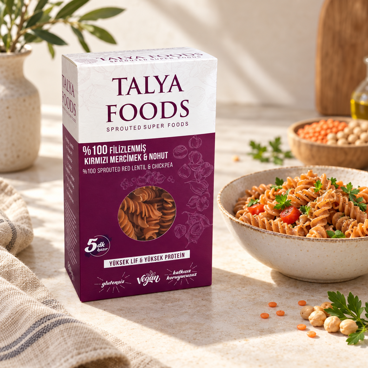 TALYA FOODS Filizlendirilmiş Kırmızı Mercimek ve Nohut Makarnası 200 g – sunum önerisi