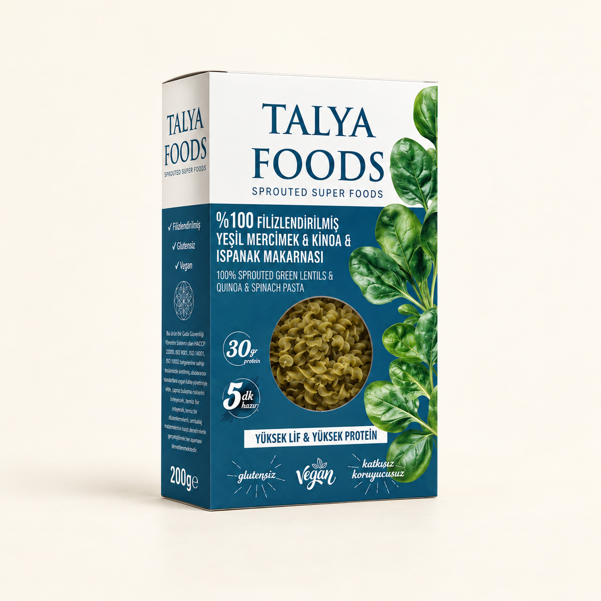 TALYA FOODS Yeşil Mercimek, Kinoa ve Ispanak Makarna 200 g – stüdyo çekimi