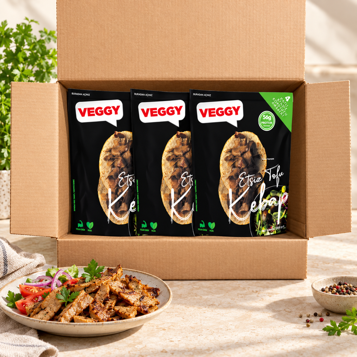 VEGGY Etsiz Tofu Kebap 200 g. 12 adet - 1 Koli – sunum önerisi