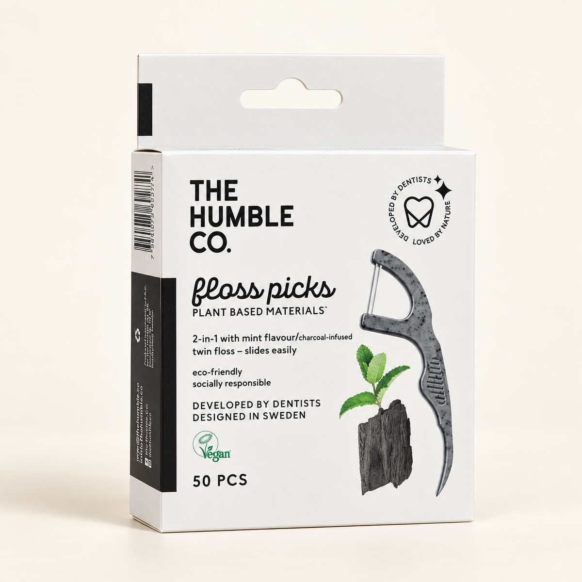 THE HUMBLE CO Kömürlü Kürdanlı Diş İpi – stüdyo çekimi