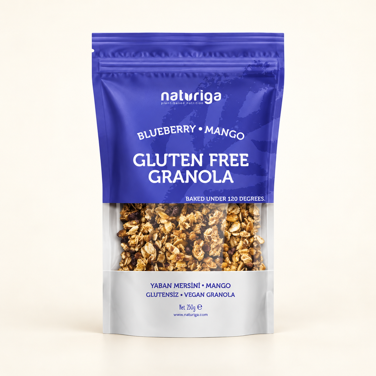 NATURIGA Glutensiz Yaban Mersini & Mangolu Vegan Granola 250 g – stüdyo çekimi
