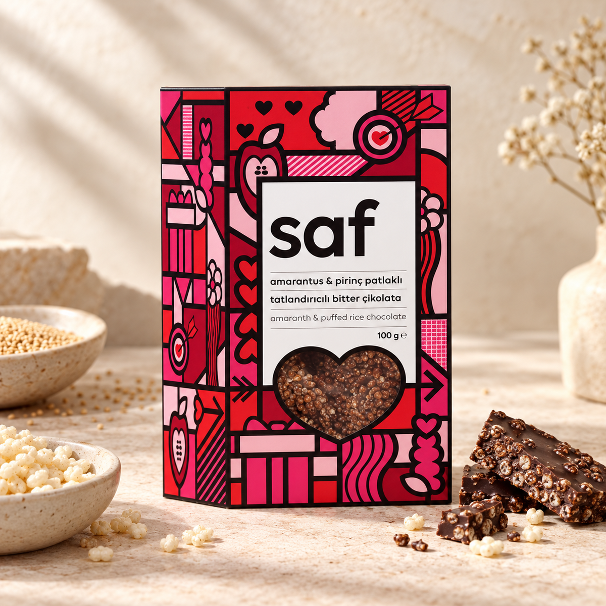 SAF Amarantlı Pirinç Patlaklı Çikolata 100 g Limited Edition – sunum önerisi