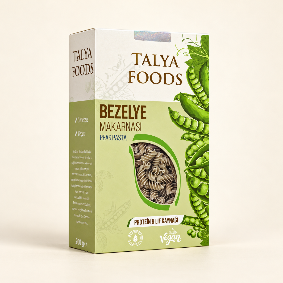TALYA FOODS Glutensiz & Vegan Bezelye Makarnası 200 g – stüdyo çekimi