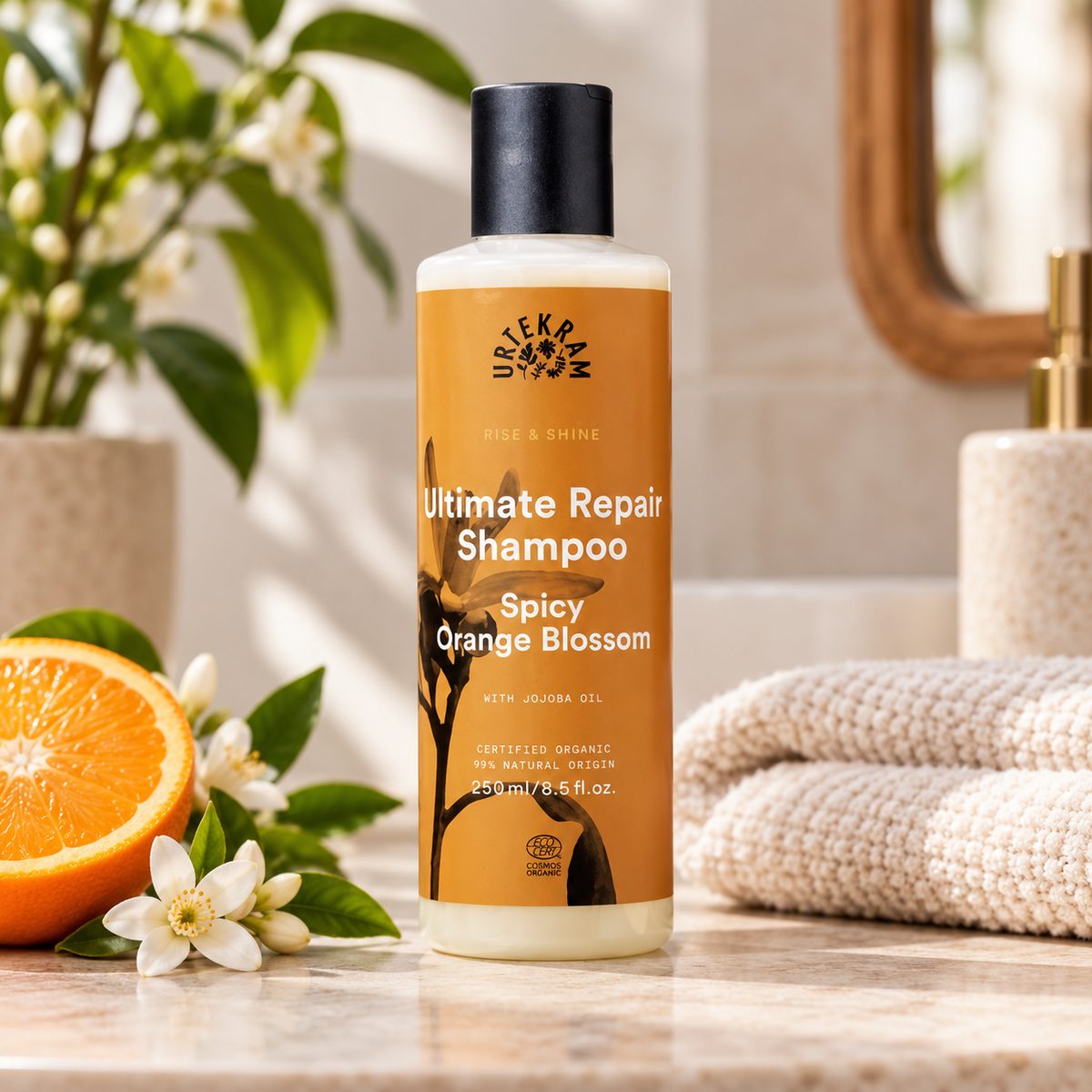 URTEKRAM Organik Rise & Shine Baharatlı Portakal Çiçeği Onarıcı Şampuan 250 ml – sunum önerisi