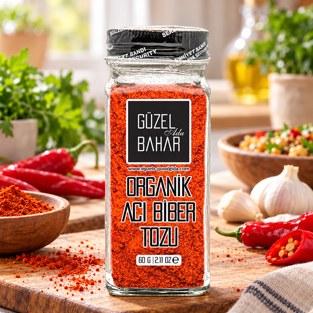 GÜZEL BAHAR Organik Acı Chili Kırmızı Biber Tozu 60 g – sunum önerisi