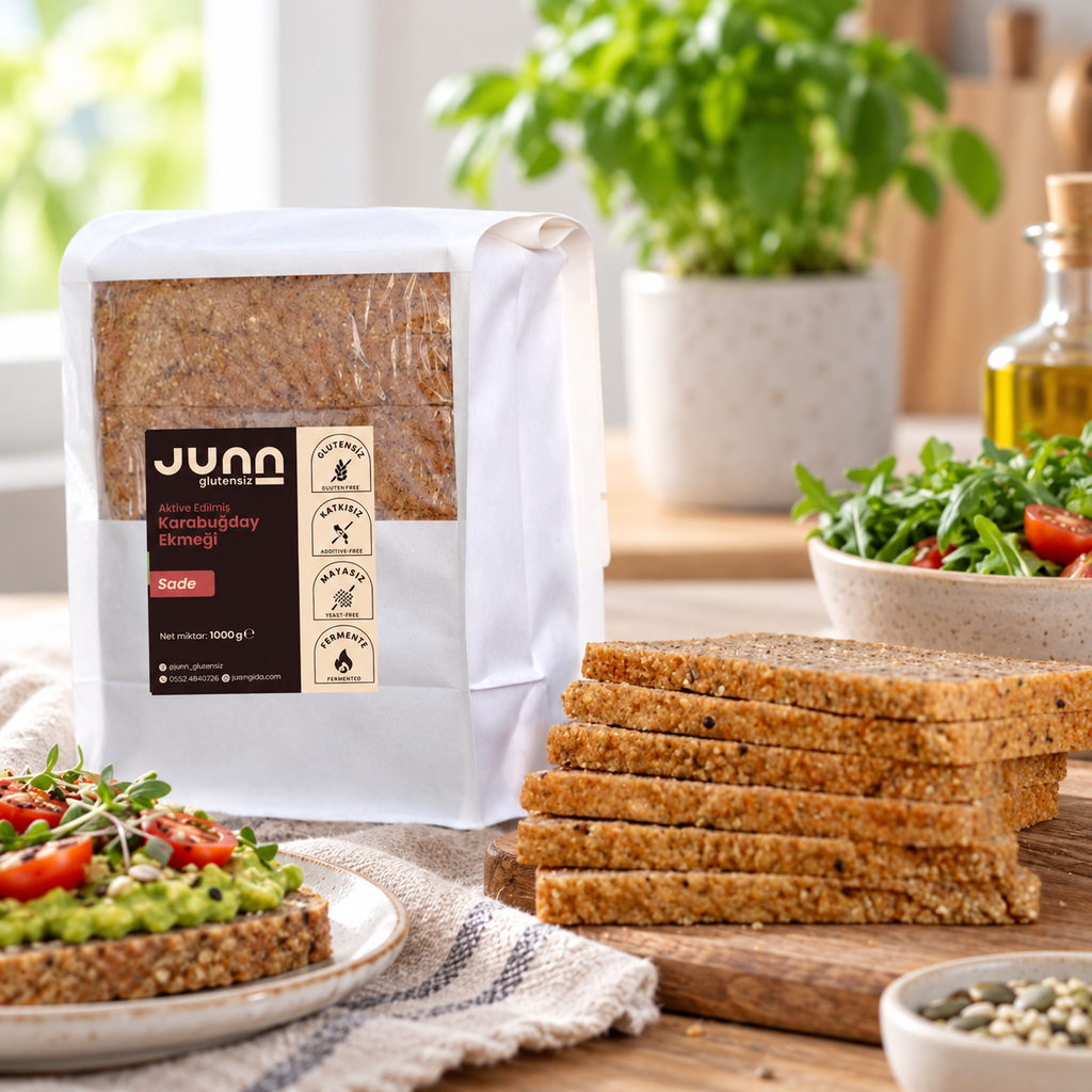 JUNN Glutensiz Aktive Karabuğday Ekmeği Sade 1000 g – sunum önerisi