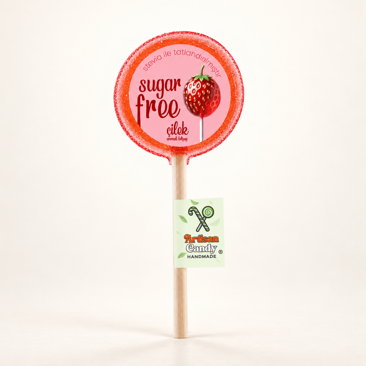 ARTISAN CANDY El Yapımı Meyve Aromalı Kristal Lolipop ÇİLEK 16 g (1 adet) – stüdyo çekimi