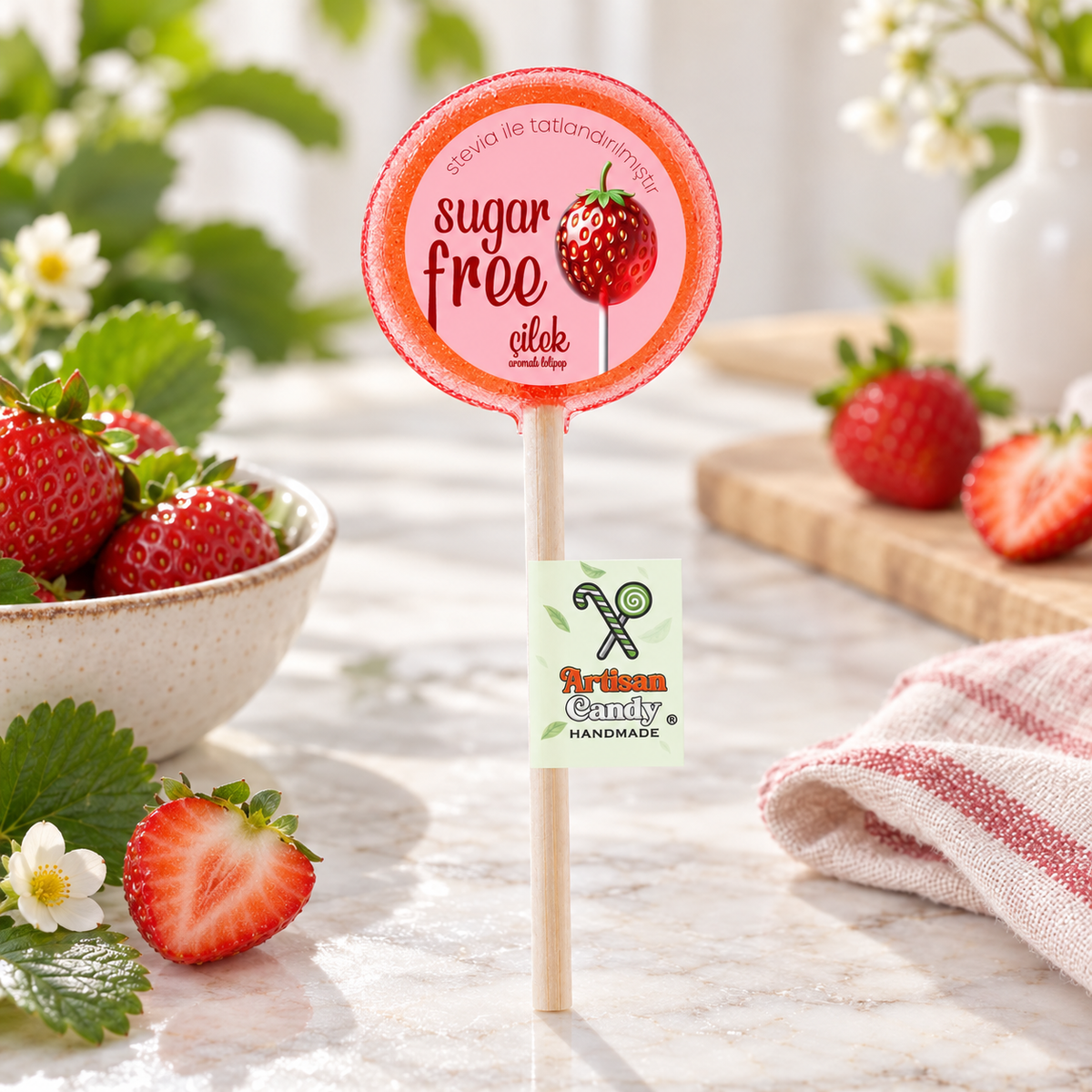 ARTISAN CANDY El Yapımı Meyve Aromalı Kristal Lolipop ÇİLEK 16 g (1 adet) – sunum önerisi