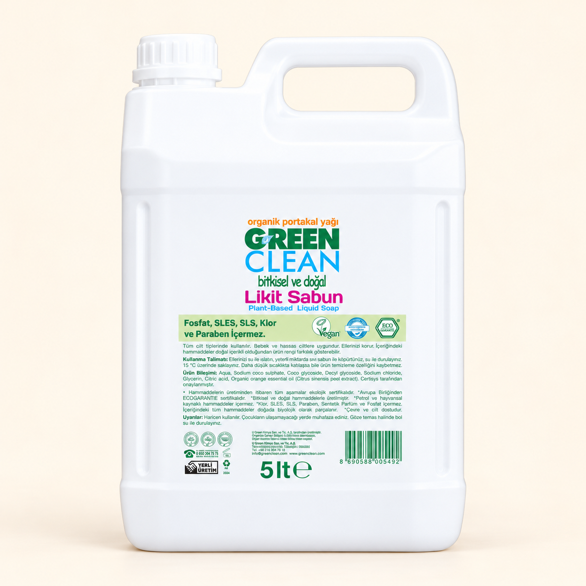 U GREEN CLEAN Likit Sabun 5 Litre – stüdyo çekimi