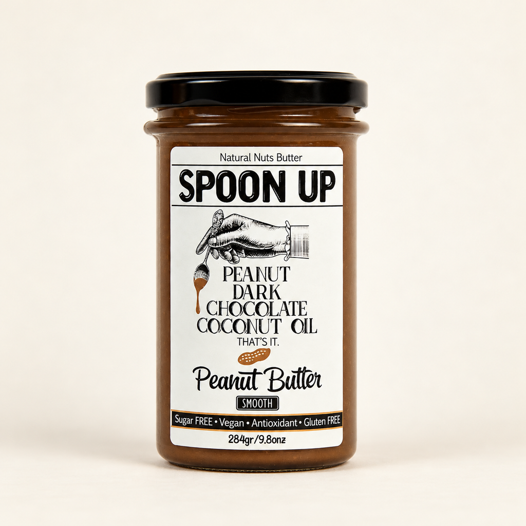 SPOONUP NUTS Şekersiz Vegan Bitter Çikolatalı Fıstık Ezmesi 284 g Smooth – stüdyo çekimi