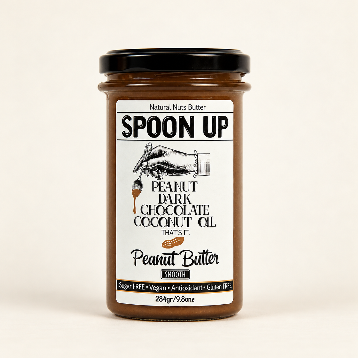 SPOONUP NUTS Şekersiz Vegan Bitter Çikolatalı Fıstık Ezmesi 284 g Smooth – stüdyo çekimi