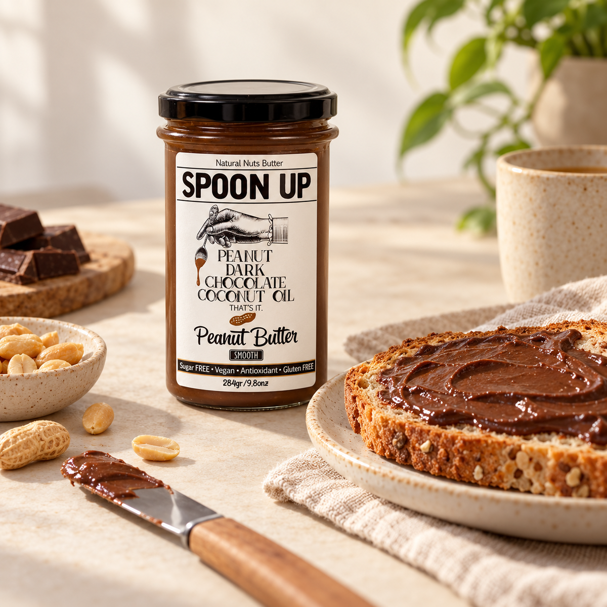 SPOONUP NUTS Şekersiz Vegan Bitter Çikolatalı Fıstık Ezmesi 284 g Smooth – kullanım ve sunum önerisi
