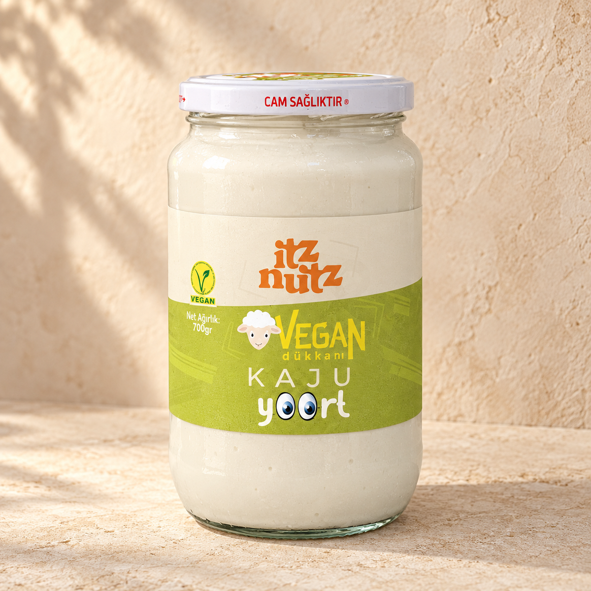 Vegan Dükkan ve Itz Nutz Kaju Yoort 700 g, tek kavanoz ön etiket çekimi