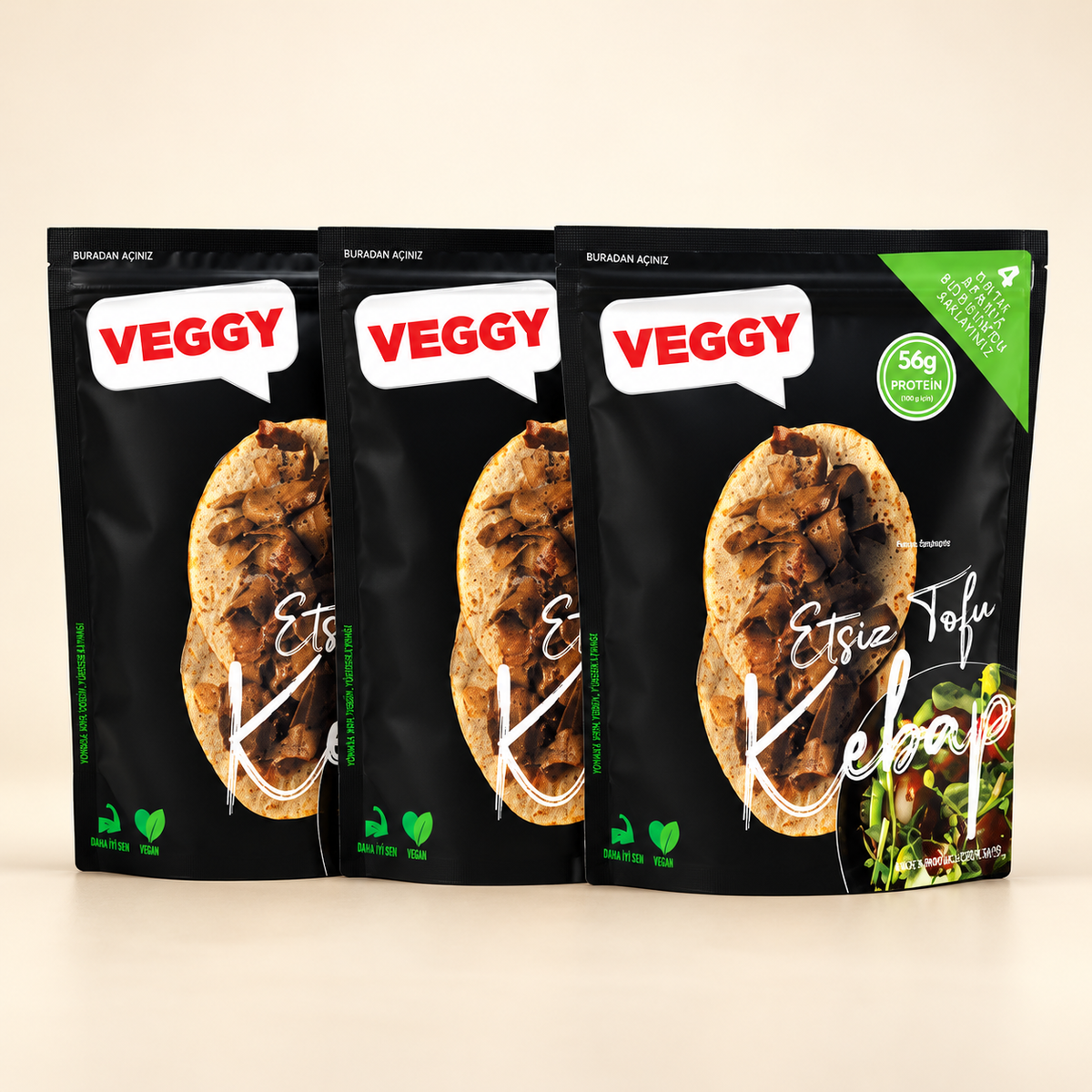 VEGGY Etsiz Tofu Kebap 200 g. 12 adet - 1 Koli – stüdyo çekimi