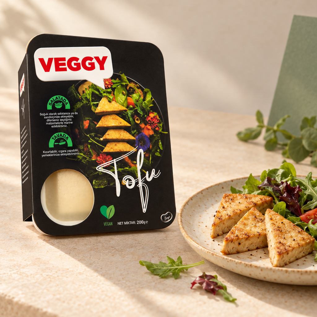 VEGGY Tofu 200 g, kızarmış tofu ve salata sunumu