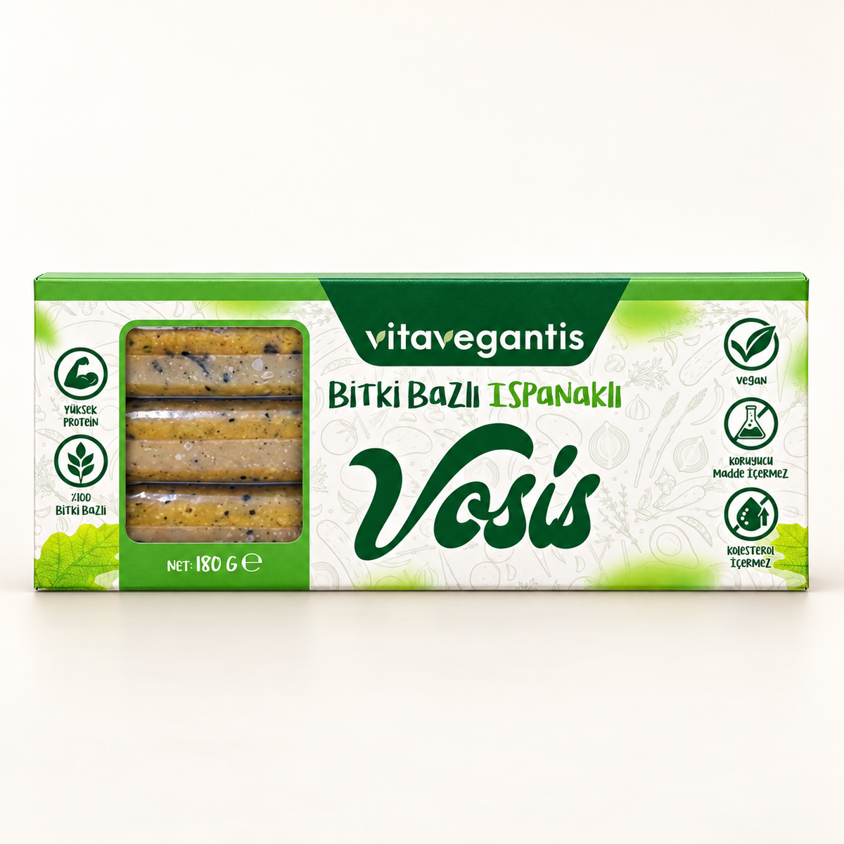 VITA VEGANTIS Bitki Bazlı Ispanaklı Vosis 180 g – stüdyo çekimi