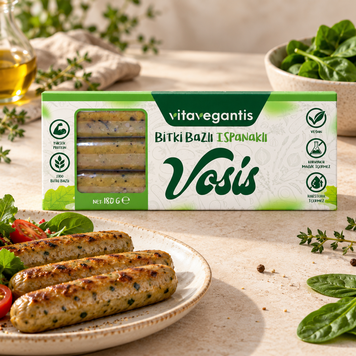 VITA VEGANTIS Bitki Bazlı Ispanaklı Vosis 180 g – sunum önerisi