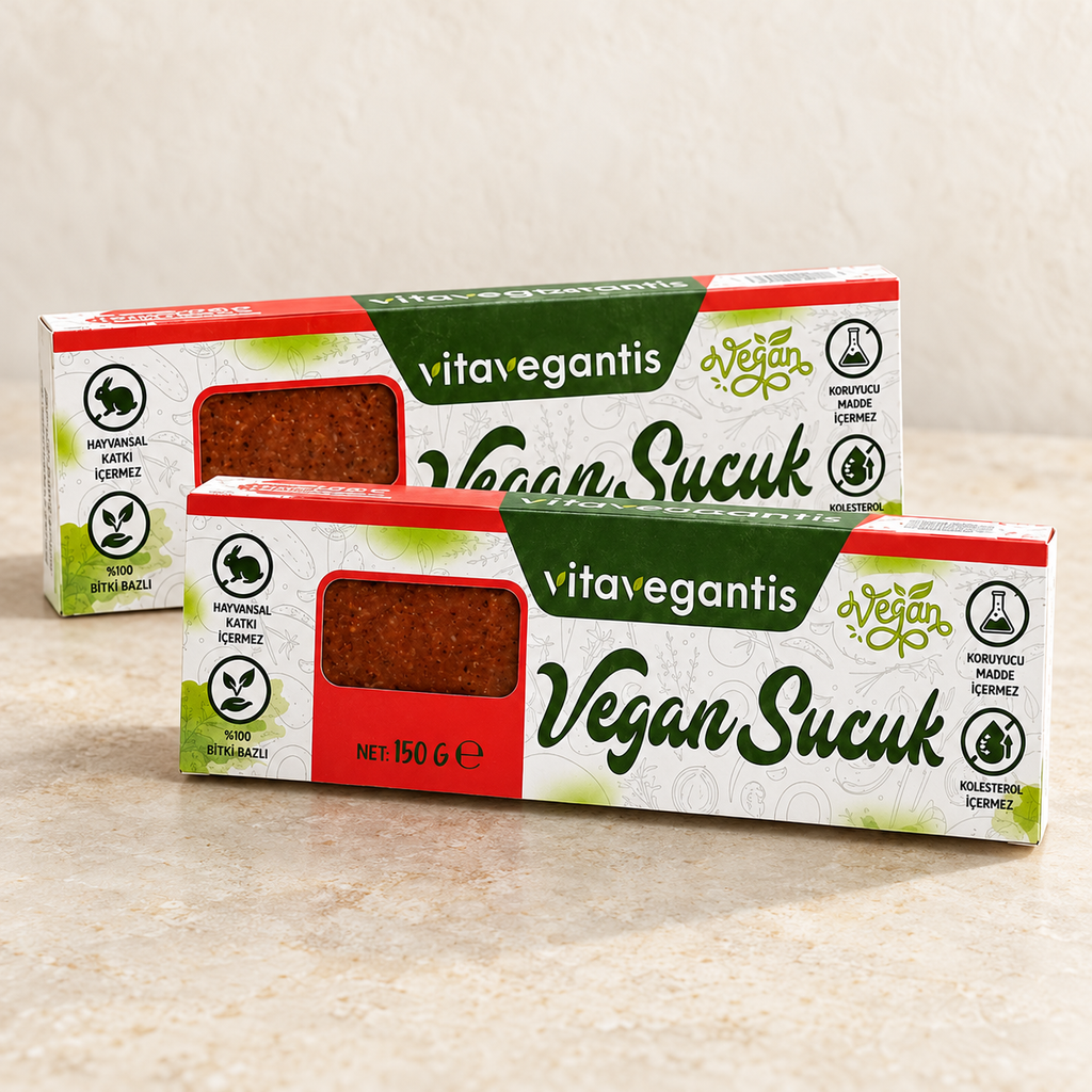 Vita Vegantis Vegan Sucuk 150 g iki paket, stüdyo görünümü