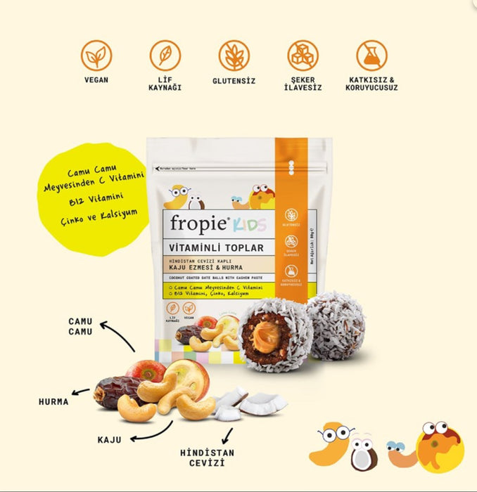FROPIE Kids Hindistan Cevizi Kaplı Kaju Ezmesi & Hurma Vitaminli Toplar 80 g