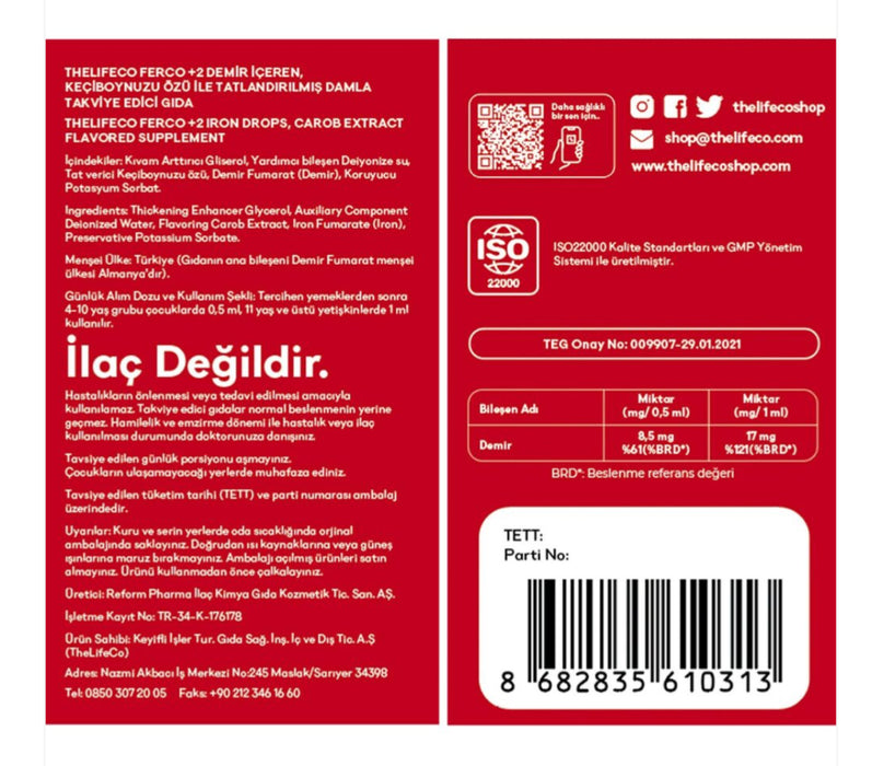 THE LIFECO Ferco +2 Değerlikli Demir Damlası 30 ml